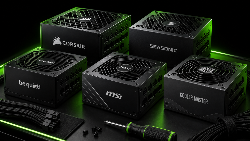 Corsair, Seasonic, be quiet!, MSI and Cooler Master gaming power supplies in Pixalrig’s black-and-lime 2026 guide