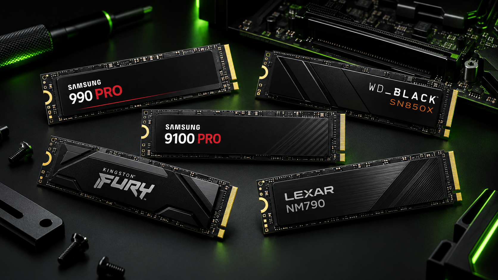 Samsung, WD_BLACK, Kingston Fury and Lexar NVMe gaming SSDs in Pixalrig’s black-and-lime 2026 PC storage guide