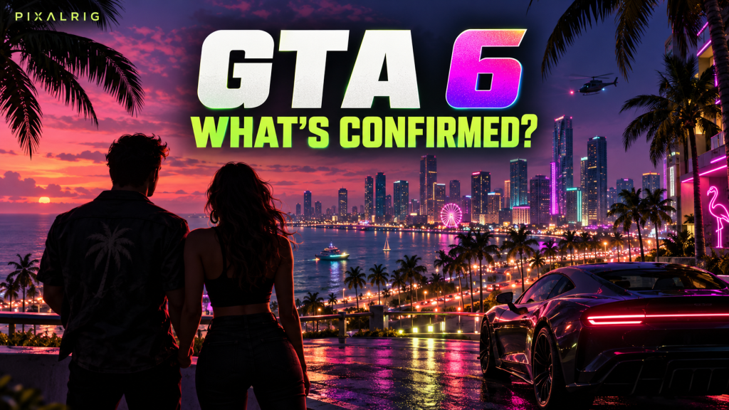 GTA 6 confirmed information graphic overlooking a neon coastal city