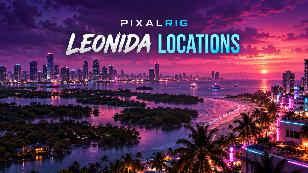 Editorial city and wetlands illustration for the Leonida locations guide