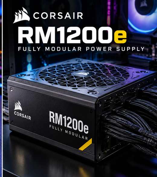 AI-generated illustration of a PC power supply representing Corsair RM1200e coverage, not an official product photograph